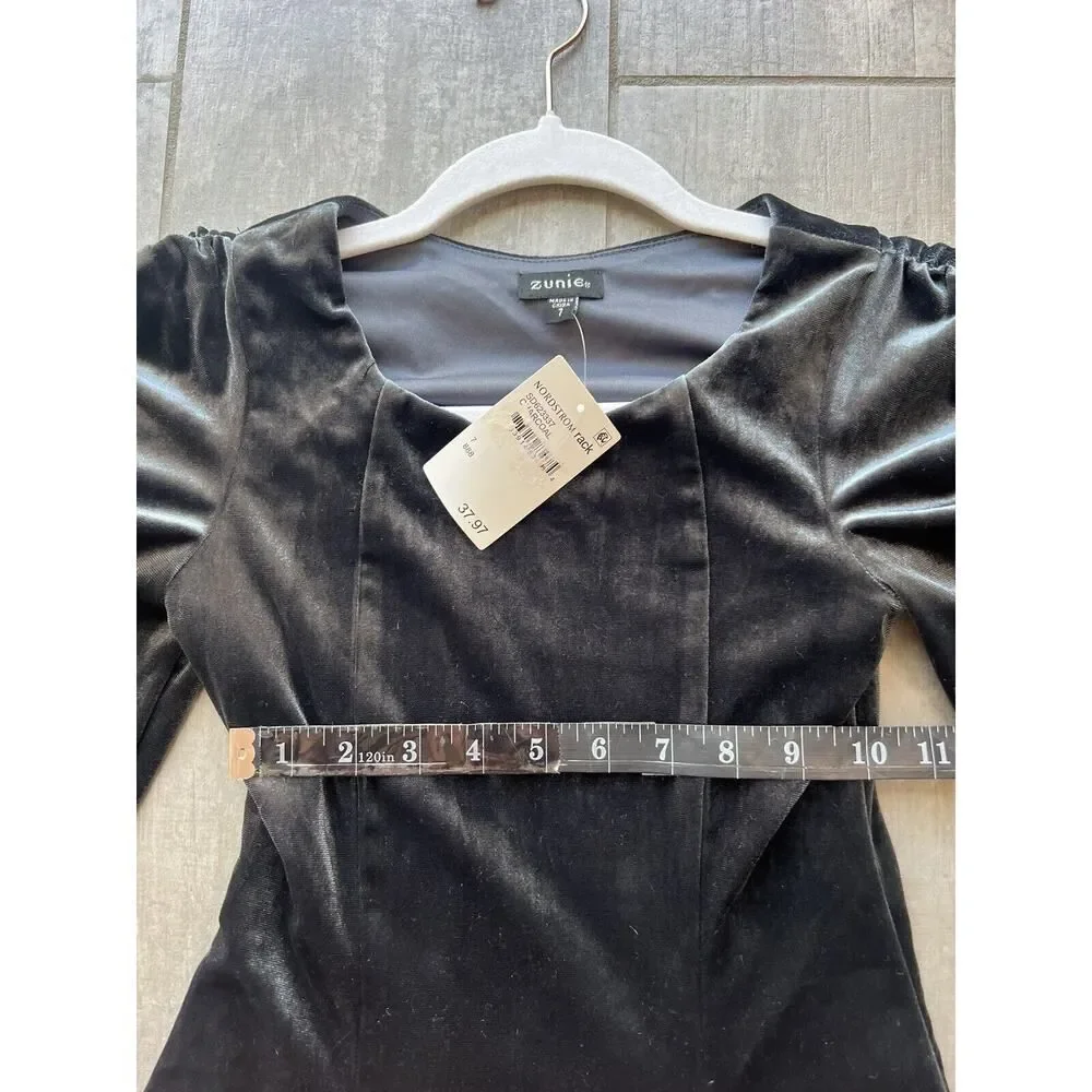 ZUNIE Kids Shirred Puff Sleeve Dress Big Girl Velvet Velour Swing Twist Gray 7